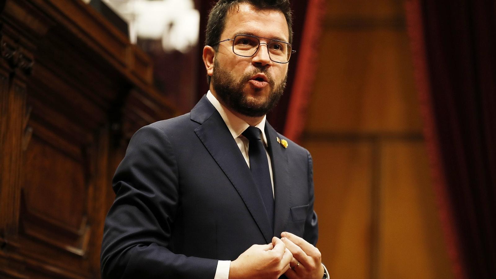 El president, Pere Aragonès, durant la rèplica als grups parlamentaris durant el debat de política general